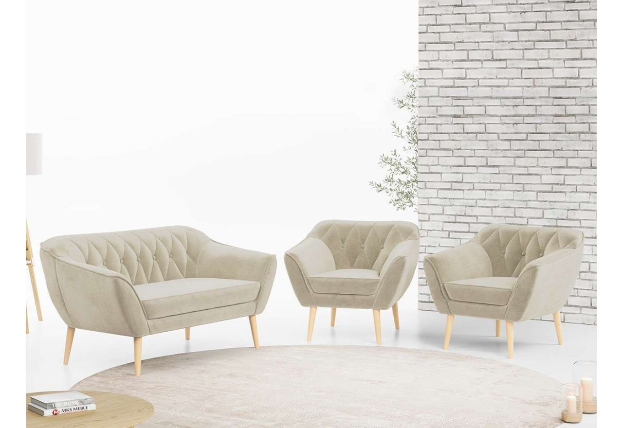 Zestaw wypoczynkowy sofa z dwoma fotelami do salonu - PIRS 2+1+1 w jasnobeżowej welurowej tapicerce