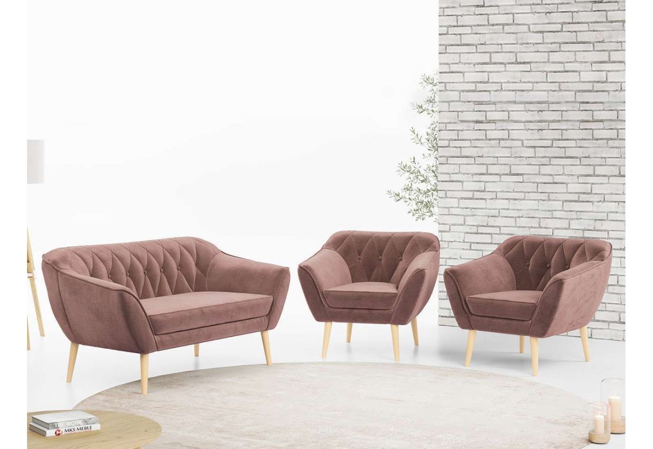 Zestaw wypoczynkowy sofa z dwoma fotelami do salonu - PIRS 2+1+1 w jasnobeżowej welurowej tapicerce