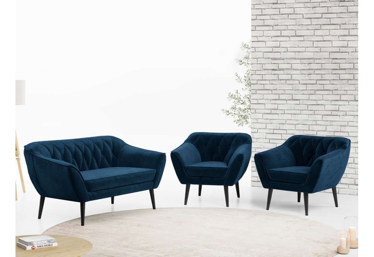 Zestaw wypoczynkowy sofa z dwoma fotelami do salonu - PIRS 2+1+1 w jasnobeżowej welurowej tapicerce