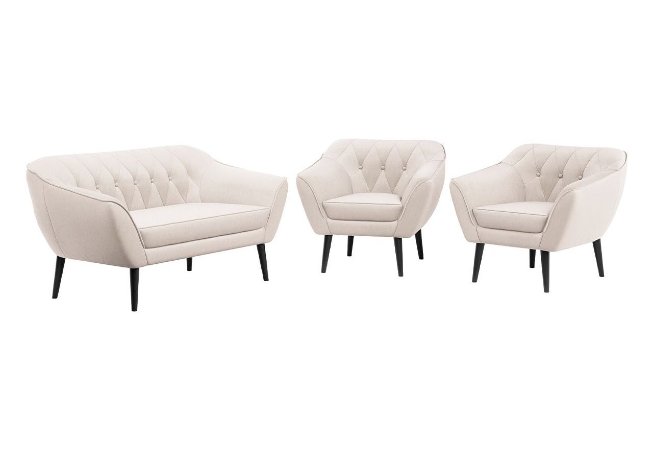 Zestaw wypoczynkowy sofa z dwoma fotelami do salonu - PIRS 2+1+1 w jasnobeżowej welurowej tapicerce