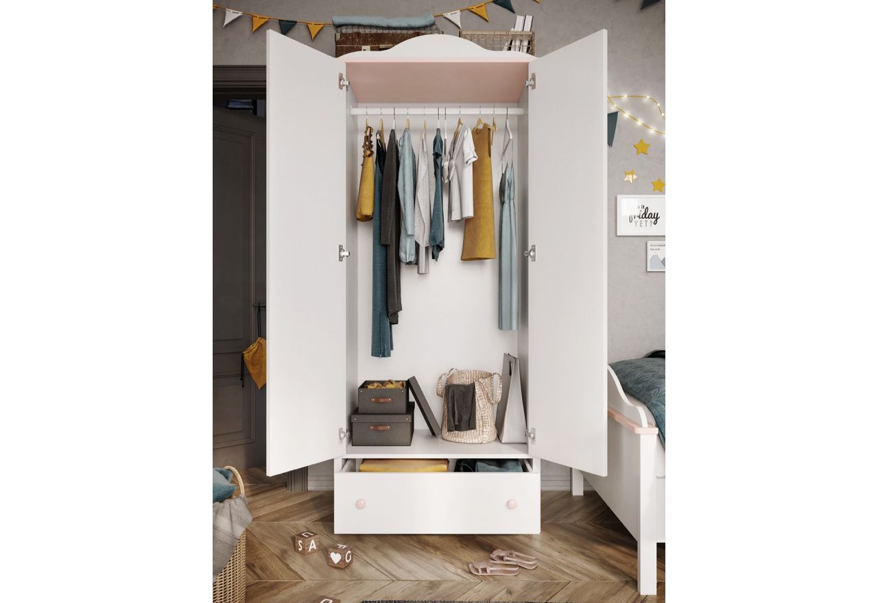 Biała dwudrzwiowa szafa do pokoju dziewczynki NABLO 80 cm biel alpejska/róż uchylne drzwi