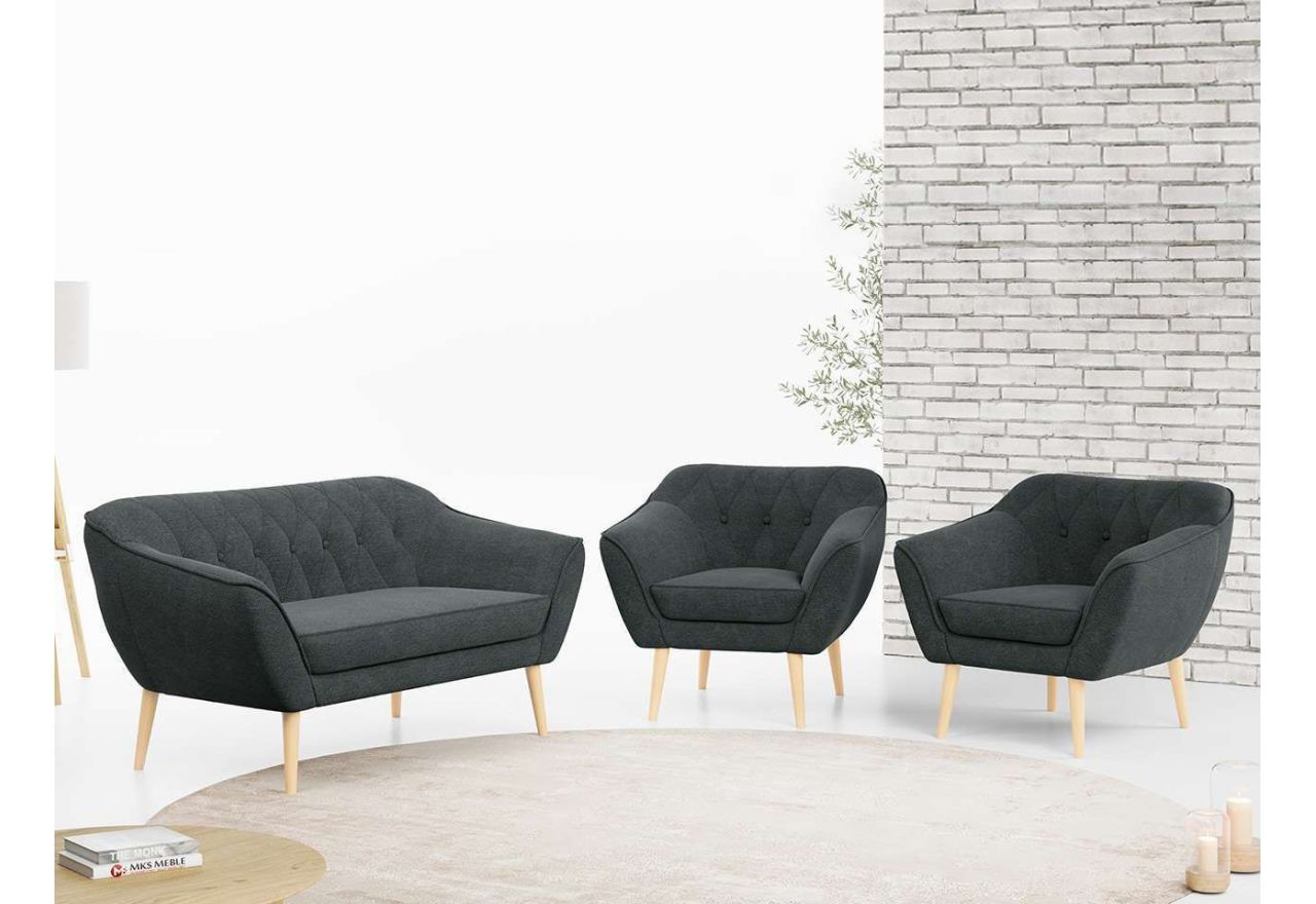 Wygodny trzyczęściowy zestaw wypoczynkowy w skandynawskim stylu PIRS 2+1+1 z dwoma fotelami i sofą, ciemnoszara plecionka