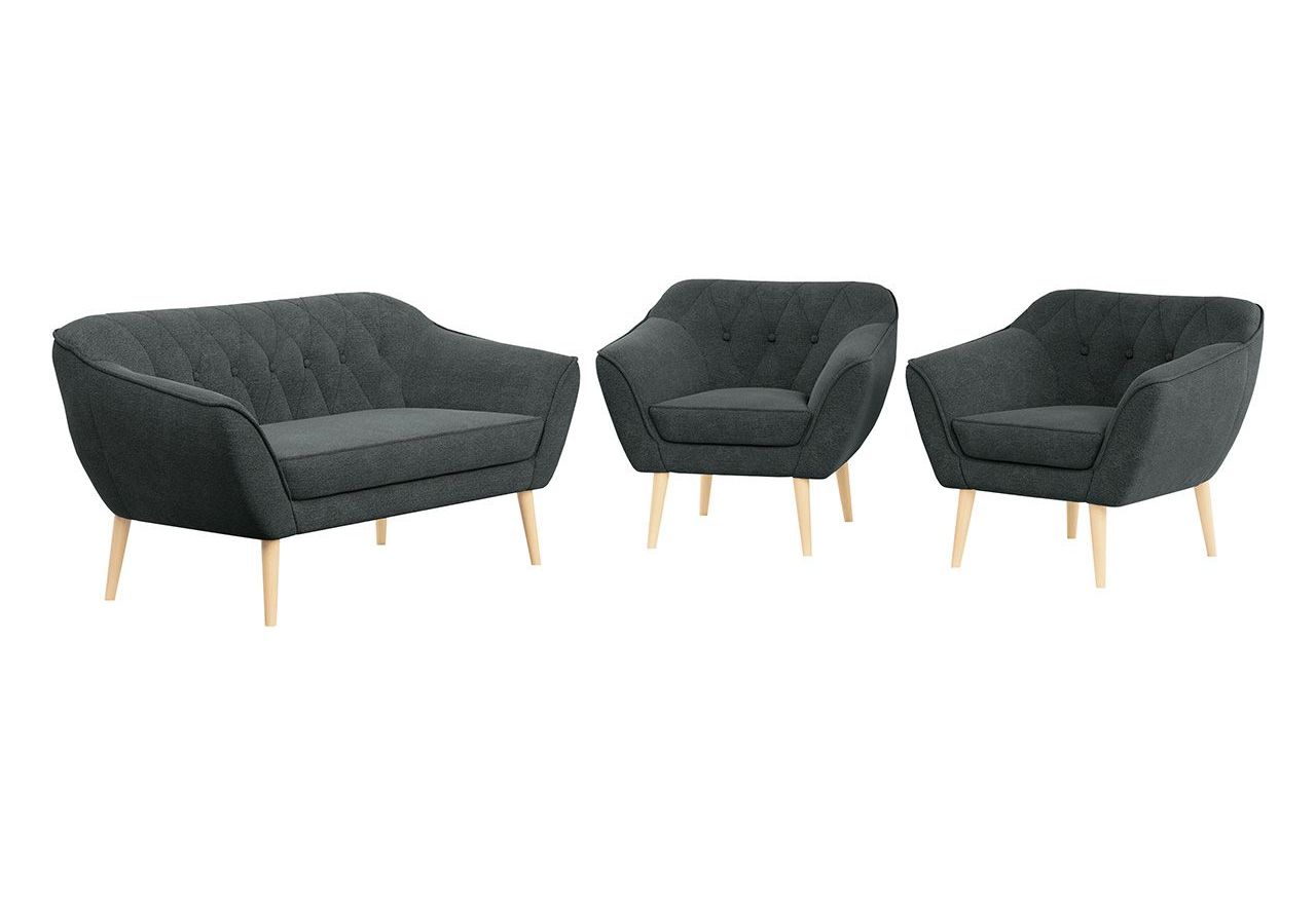Wygodny trzyczęściowy zestaw wypoczynkowy w skandynawskim stylu PIRS 2+1+1 z dwoma fotelami i sofą, ciemnoszara plecionka