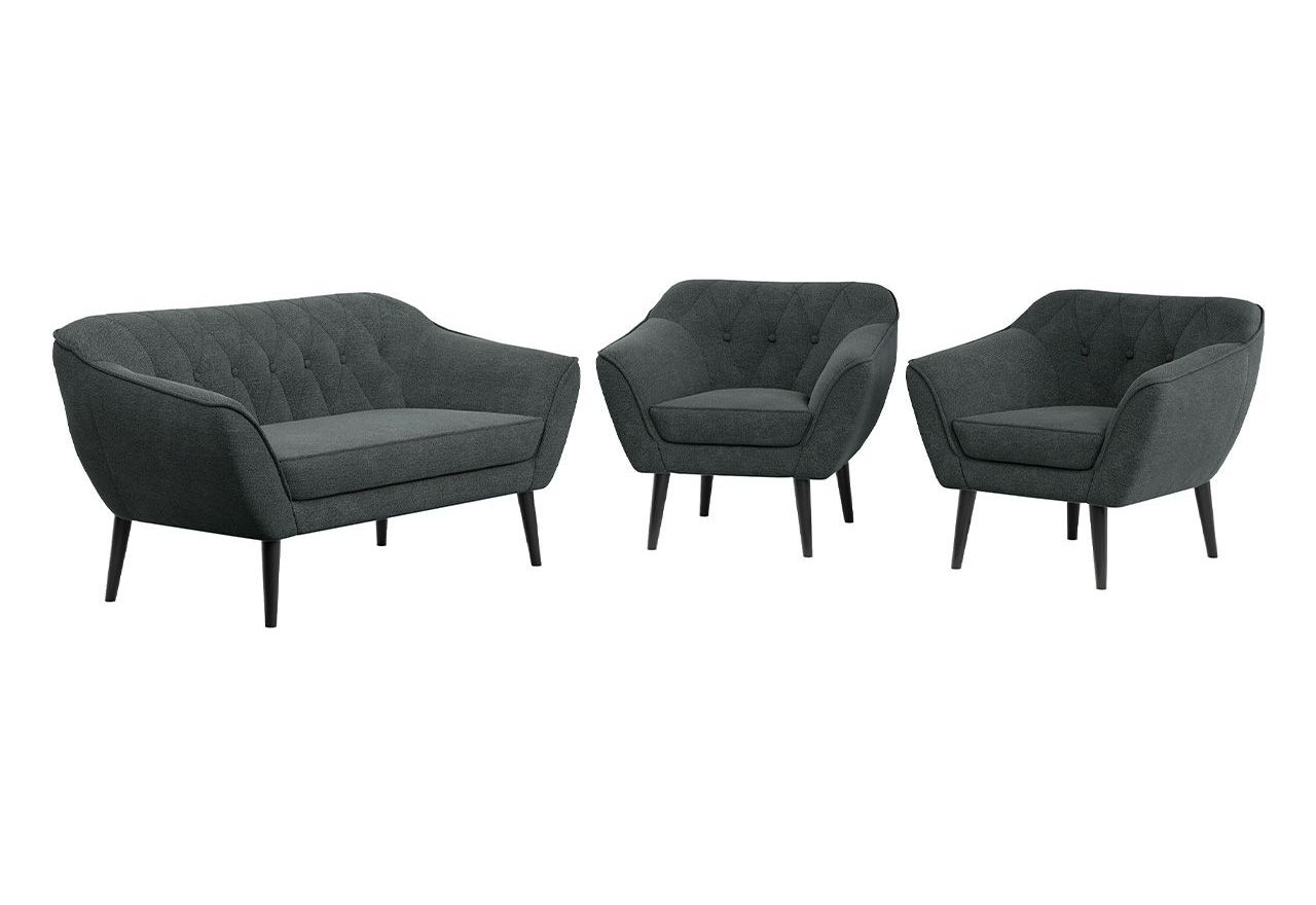 Wygodny trzyczęściowy zestaw wypoczynkowy w skandynawskim stylu PIRS 2+1+1 z dwoma fotelami i sofą, ciemnoszara plecionka