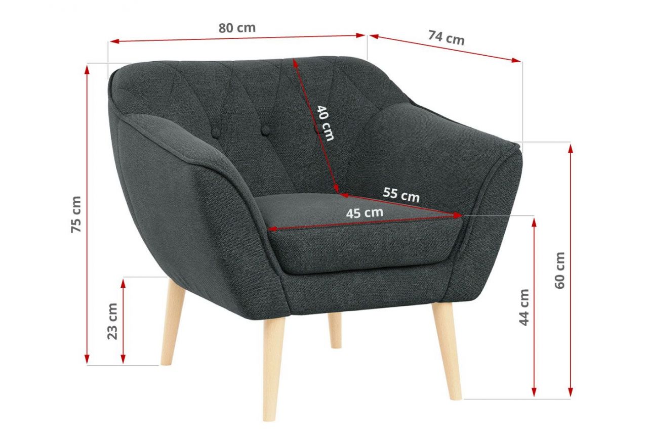 Wygodny trzyczęściowy zestaw wypoczynkowy w skandynawskim stylu PIRS 2+1+1 z dwoma fotelami i sofą, ciemnoszara plecionka