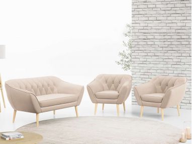 Skandynawski zestaw wypoczynkowy z beżową welurową tapicerką PIRS 2+1+1 z sofą i dwoma fotelami