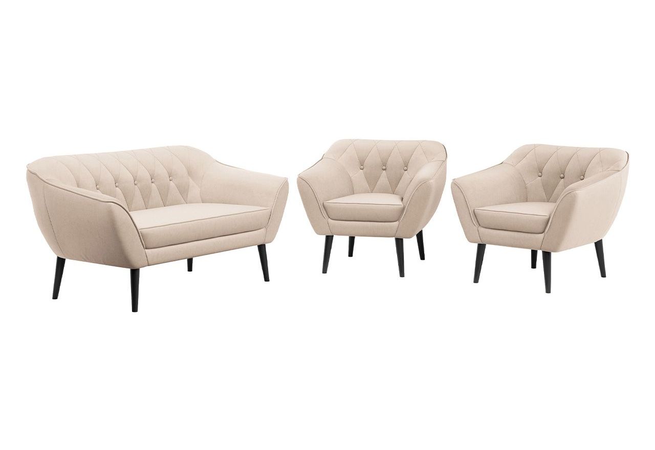 Skandynawski zestaw wypoczynkowy z beżową welurową tapicerką PIRS 2+1+1 z sofą i dwoma fotelami