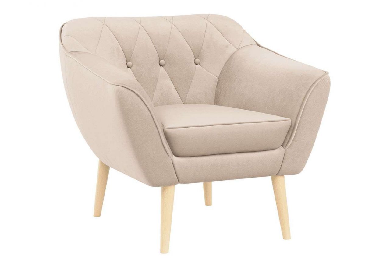 Skandynawski zestaw wypoczynkowy z beżową welurową tapicerką PIRS 2+1+1 z sofą i dwoma fotelami