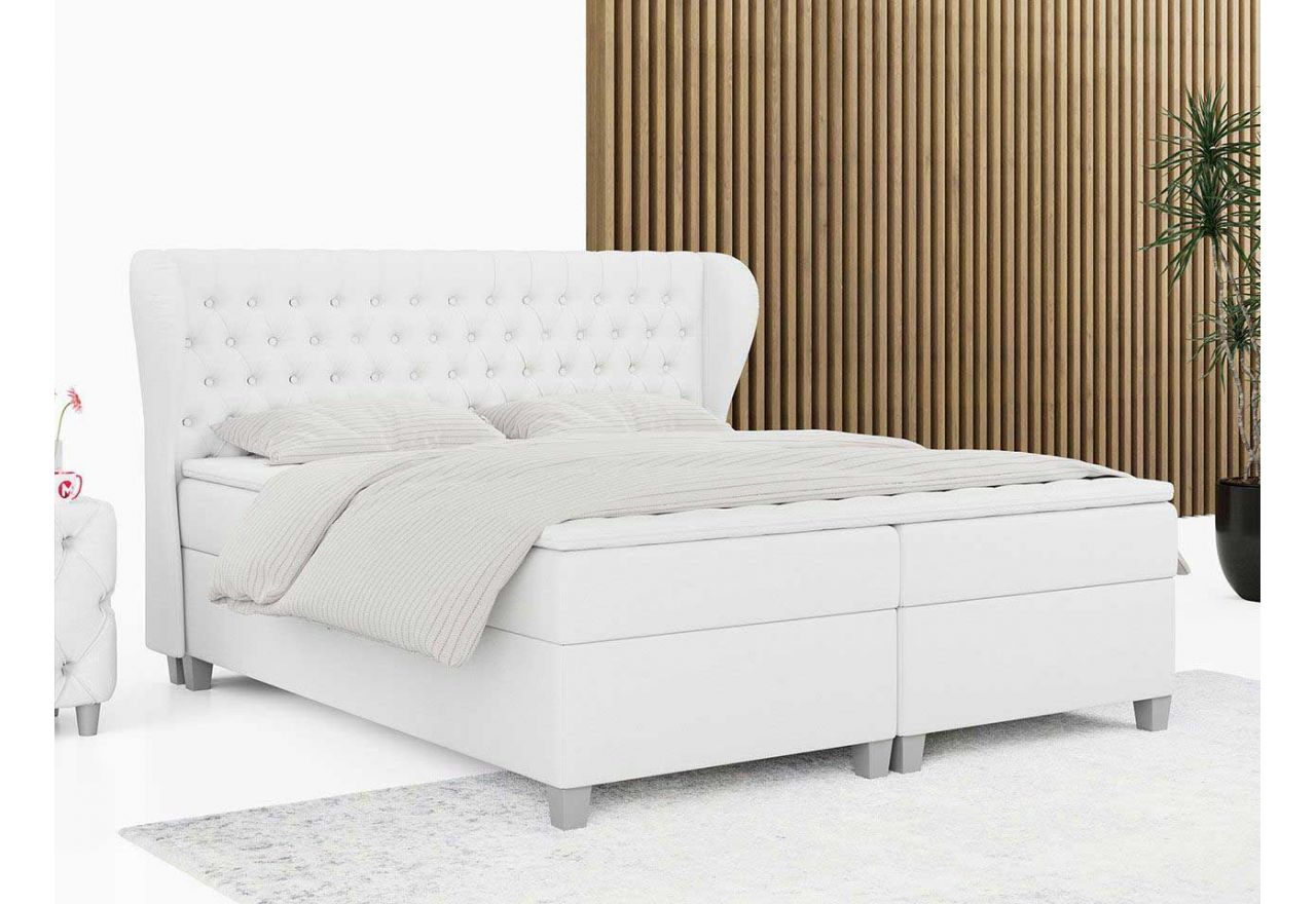 Wysokie łóżko kontynentalne do sypialni BURLONE 160x200, 2 osobowe z pojemnikami na pościel, w białej ecoskórze