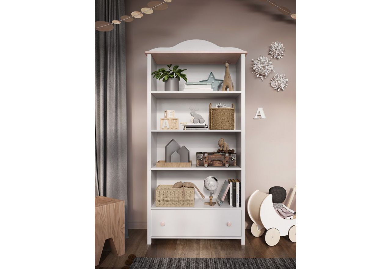 Szeroki, nowoczesny regał z szufladą 80 cm NABLO do pokoju dziewczęcego, biel alpejska/róż