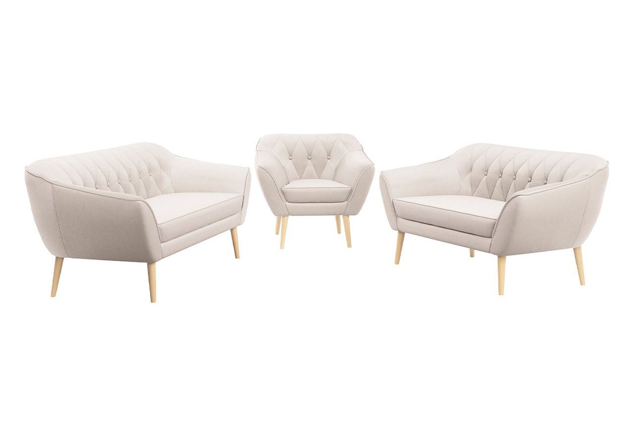 Komfortowy zestaw wypoczynkowy złożony z dwóch sof i fotela PIRS 3+2+1 z welurową jasnobeżową tapicerką