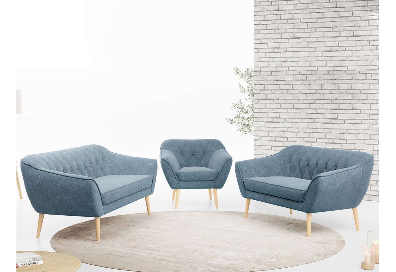 Trzyczęściowy komplet wypoczynkowy złożony z dwóch sof i fotela w skandynawskim stylu PIRS 3+2+1 ciemnoszara plecionka