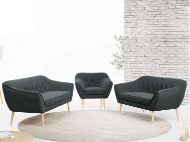 Trzyczęściowy komplet wypoczynkowy złożony z dwóch sof i fotela w skandynawskim stylu PIRS 3+2+1 ciemnoszara plecionka