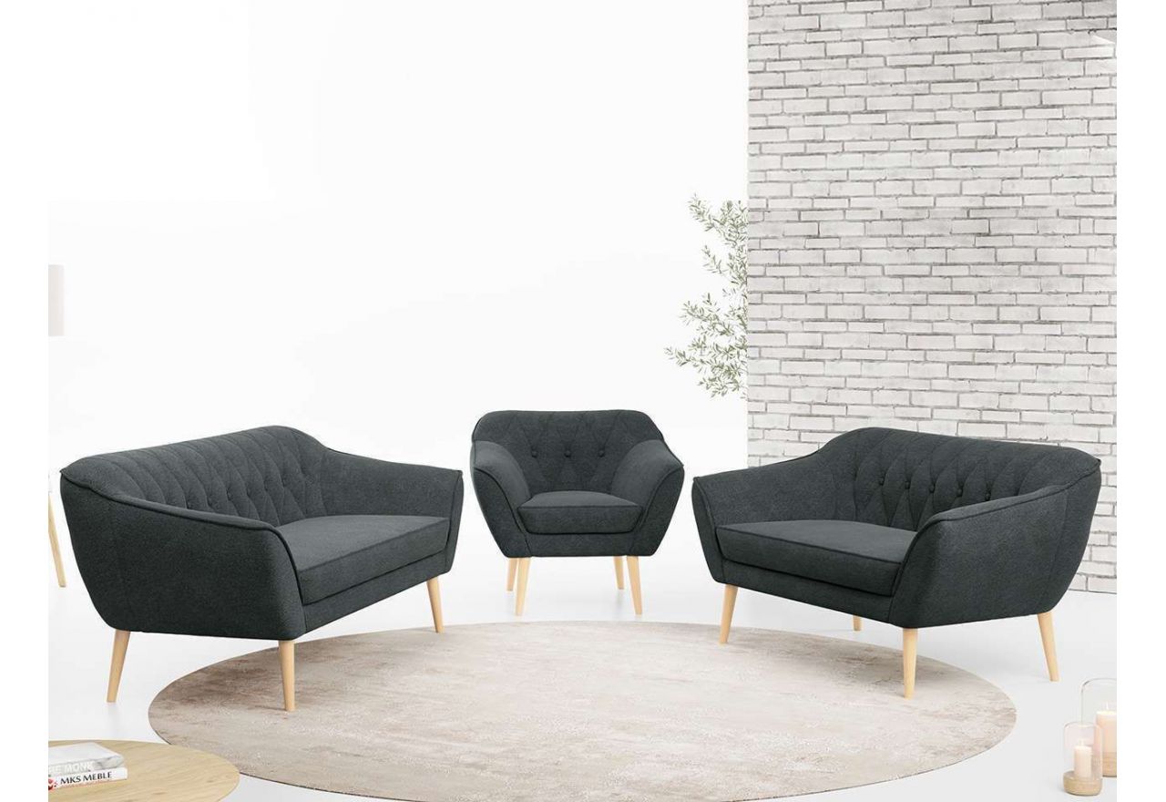 Trzyczęściowy komplet wypoczynkowy złożony z dwóch sof i fotela w skandynawskim stylu PIRS 3+2+1 ciemnoszara plecionka