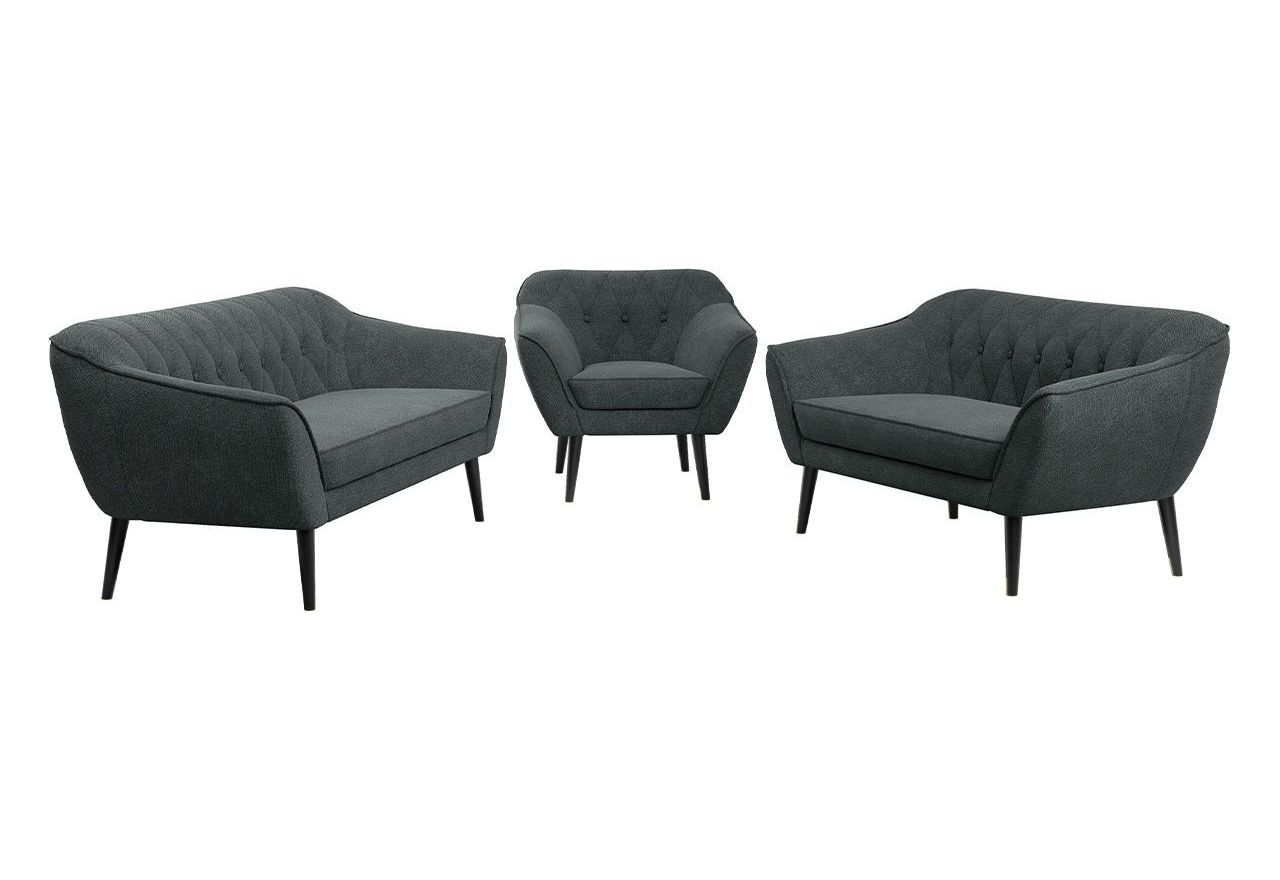 Trzyczęściowy komplet wypoczynkowy złożony z dwóch sof i fotela w skandynawskim stylu PIRS 3+2+1 ciemnoszara plecionka