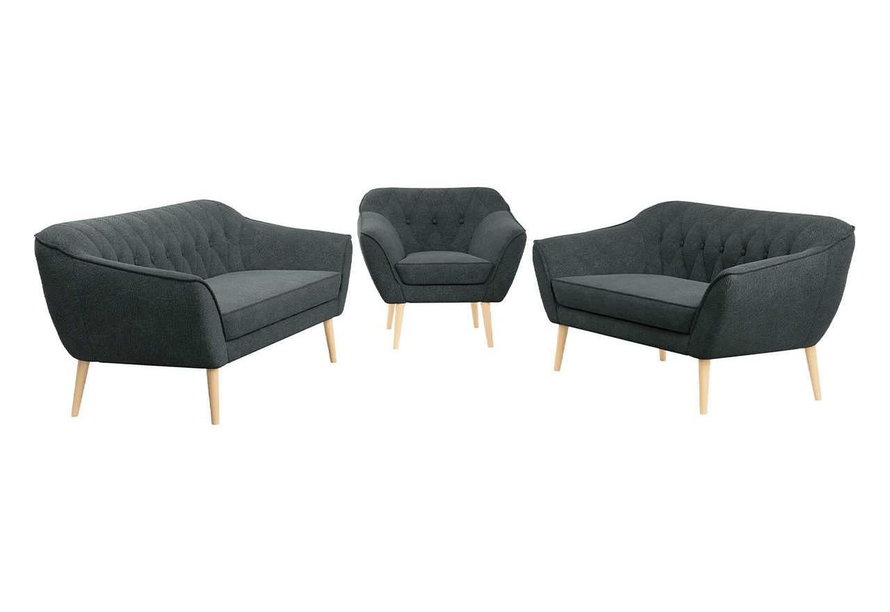 Trzyczęściowy komplet wypoczynkowy złożony z dwóch sof i fotela w skandynawskim stylu PIRS 3+2+1 ciemnoszara plecionka