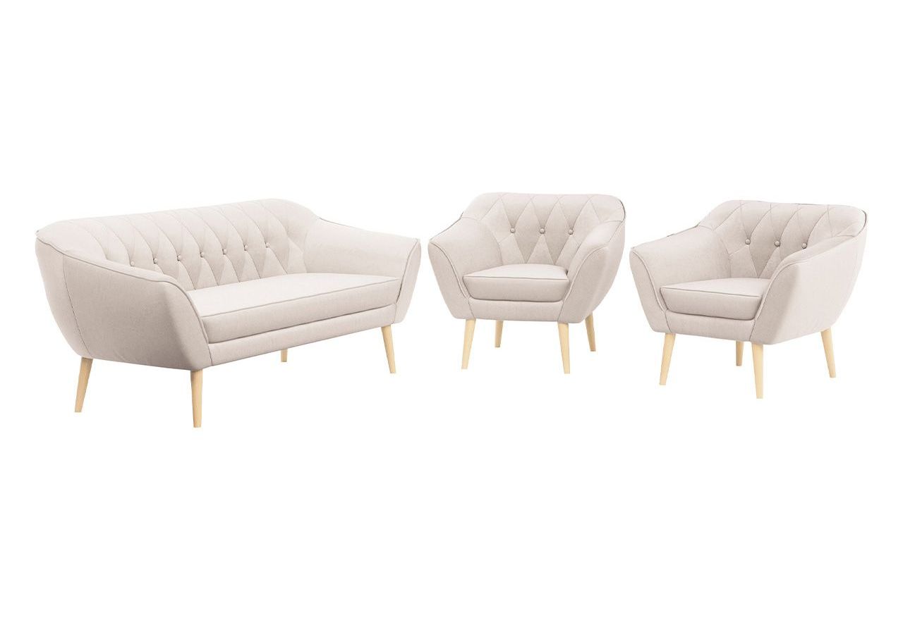 Trzyczęściowy jasnobeżowy komplet wypoczynkowy PIRS 3+1+1 w skandynawskim stylu, z welurową tapicerką