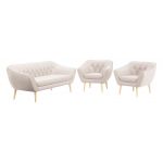 Trzyczęściowy jasnobeżowy komplet wypoczynkowy PIRS 3+1+1 w skandynawskim stylu, z welurową tapicerką