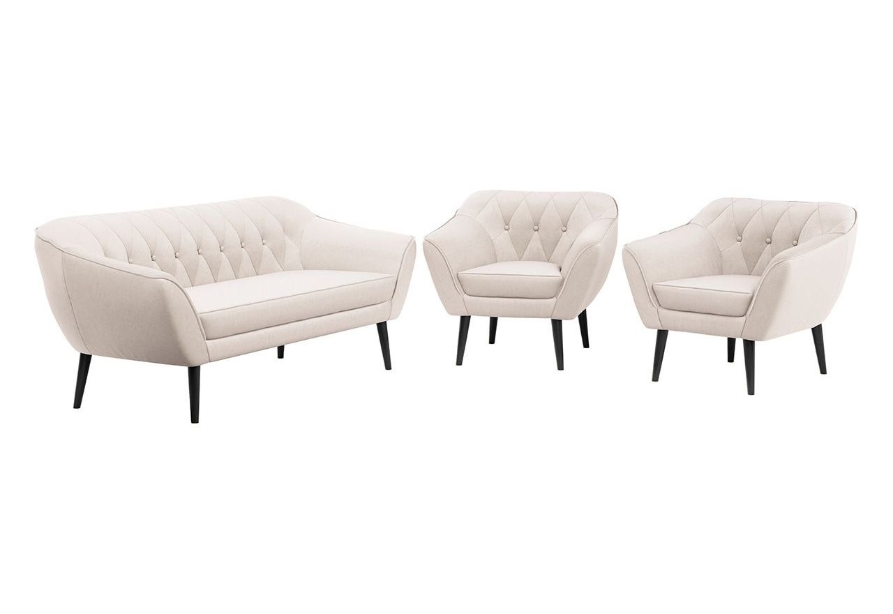 Trzyczęściowy jasnobeżowy komplet wypoczynkowy PIRS 3+1+1 w skandynawskim stylu, z welurową tapicerką