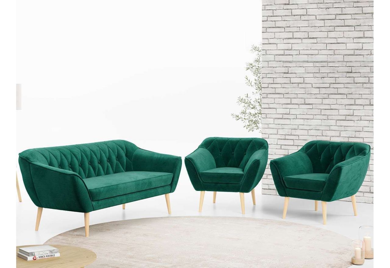 Zestaw wypoczynkowy w skandynawskiej stylistyce PIRS 3+1+1 trzyelementowy z ciemnoszarą plecioną tapicerką