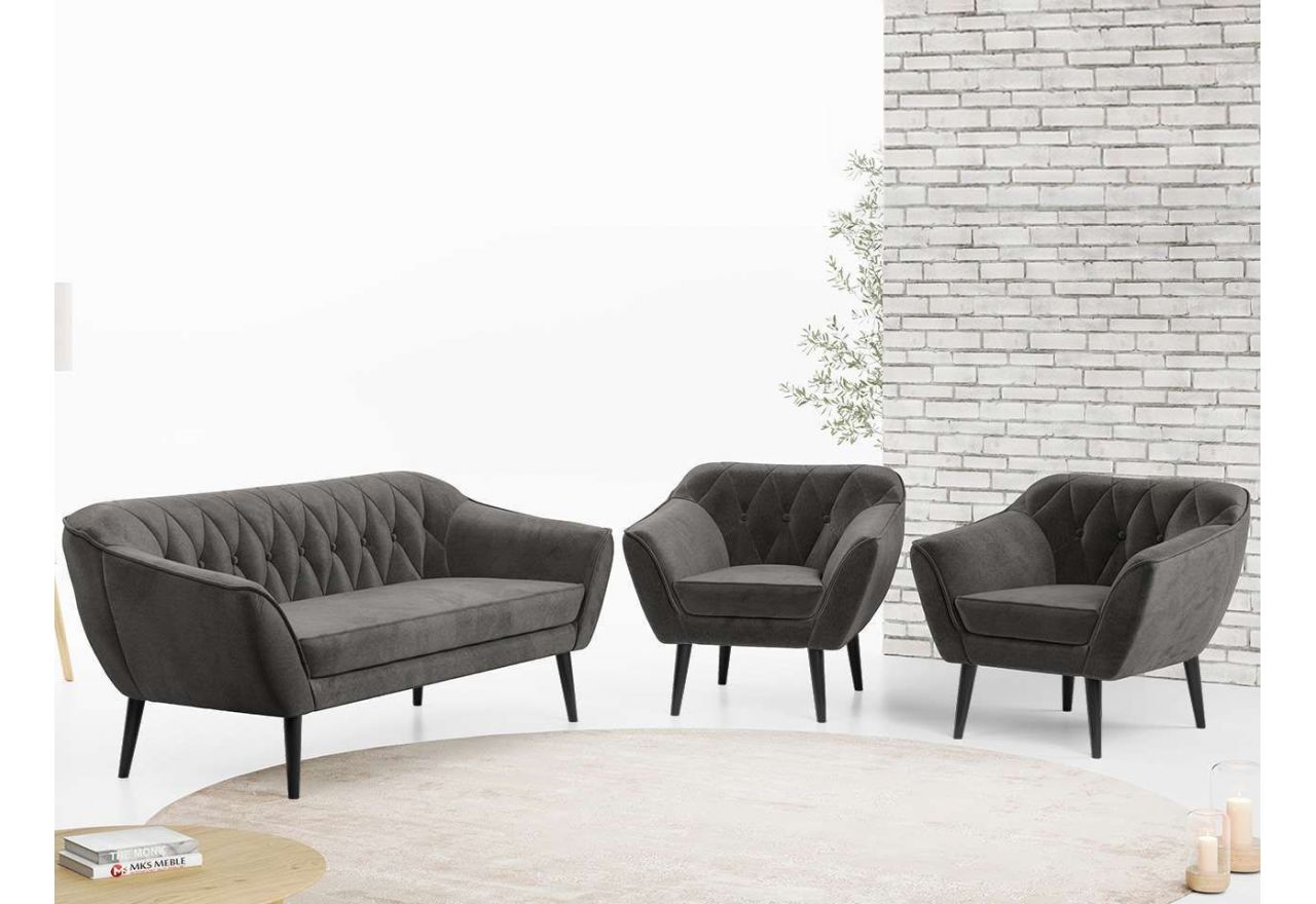 Zestaw wypoczynkowy w skandynawskiej stylistyce PIRS 3+1+1 trzyelementowy z ciemnoszarą plecioną tapicerką