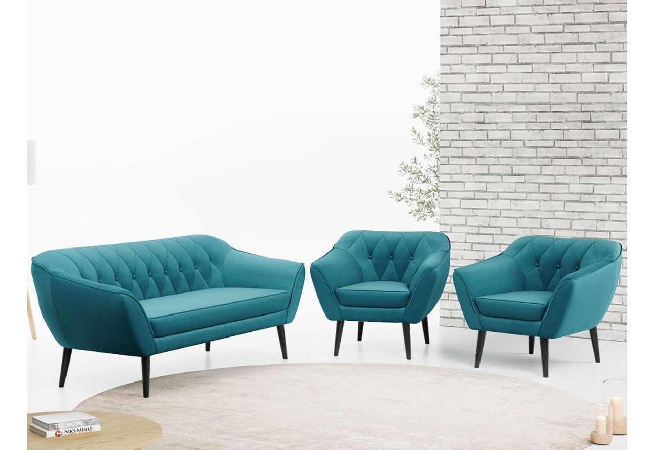 Zestaw wypoczynkowy w skandynawskiej stylistyce PIRS 3+1+1 trzyelementowy z ciemnoszarą plecioną tapicerką