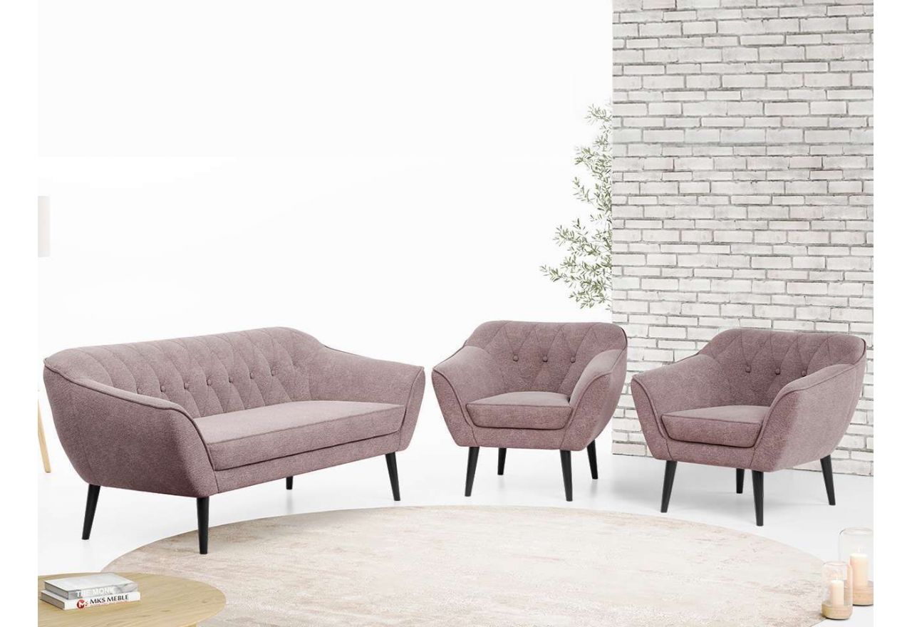 Zestaw wypoczynkowy w skandynawskiej stylistyce PIRS 3+1+1 trzyelementowy z ciemnoszarą plecioną tapicerką