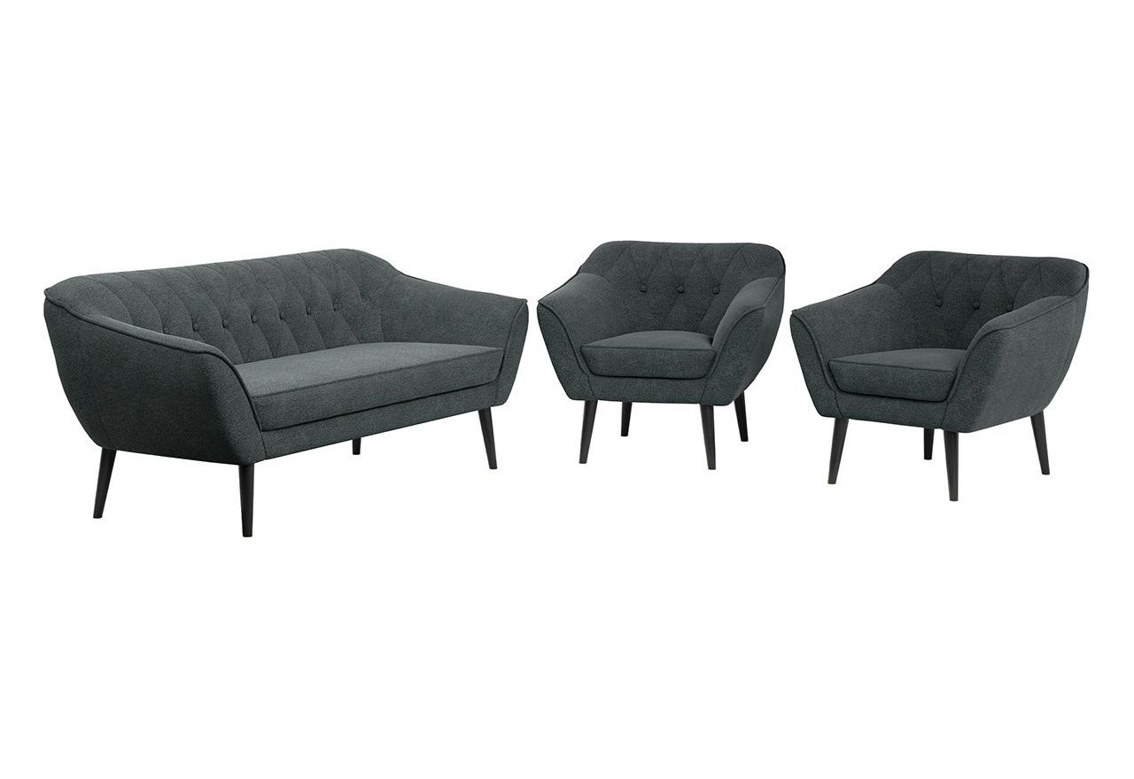 Zestaw wypoczynkowy w skandynawskiej stylistyce PIRS 3+1+1 trzyelementowy z ciemnoszarą plecioną tapicerką