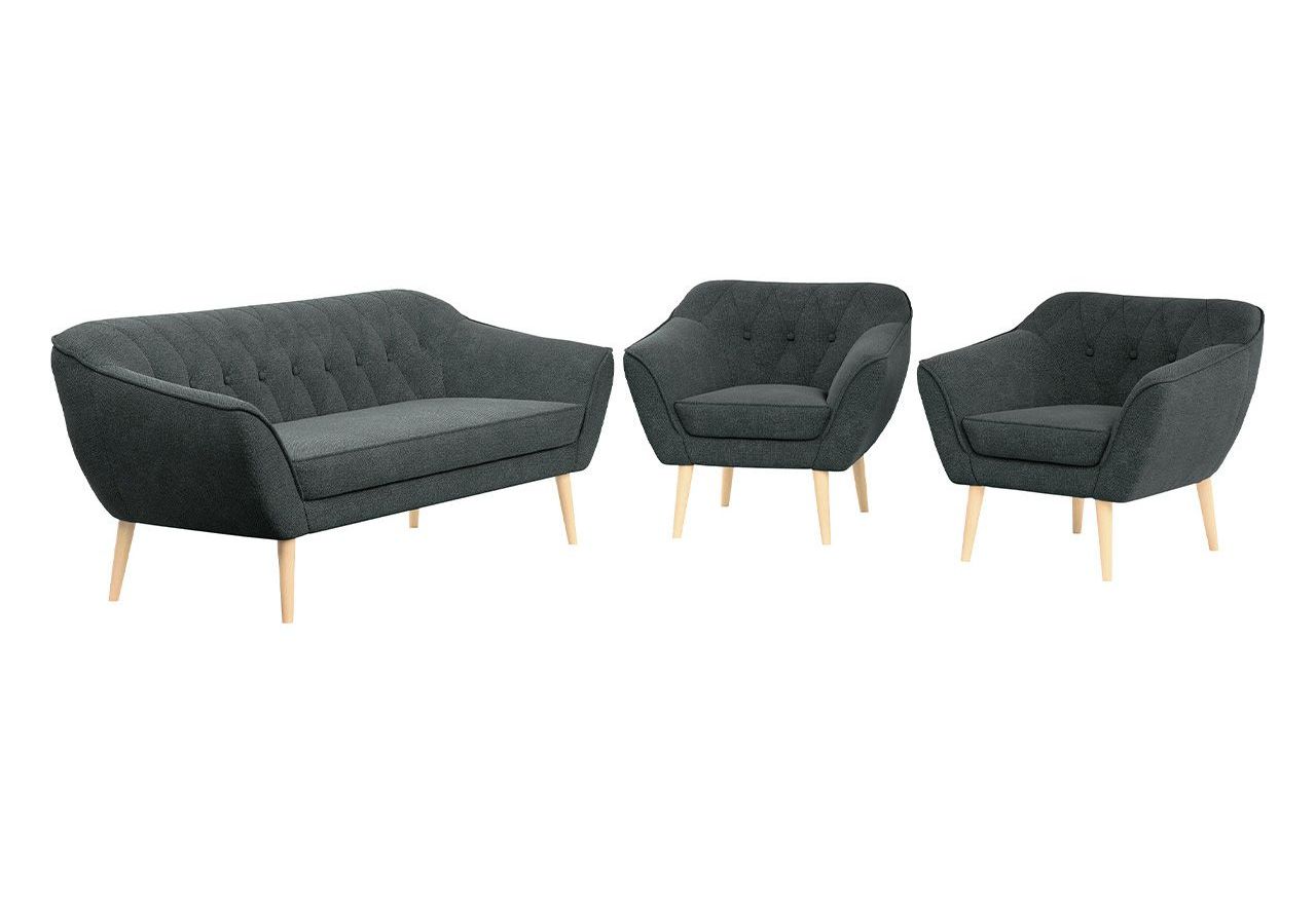 Zestaw wypoczynkowy w skandynawskiej stylistyce PIRS 3+1+1 trzyelementowy z ciemnoszarą plecioną tapicerką