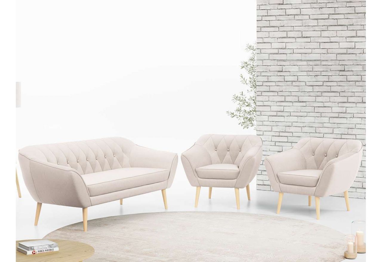 Beżowy zestaw wypoczynkowy złożony z dwóch foteli i sofy PIRS 3+1+1 welurowy, ze sprężynowymi siedziskami