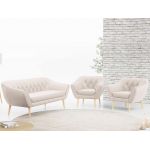 Beżowy zestaw wypoczynkowy złożony z dwóch foteli i sofy PIRS 3+1+1 welurowy, ze sprężynowymi siedziskami