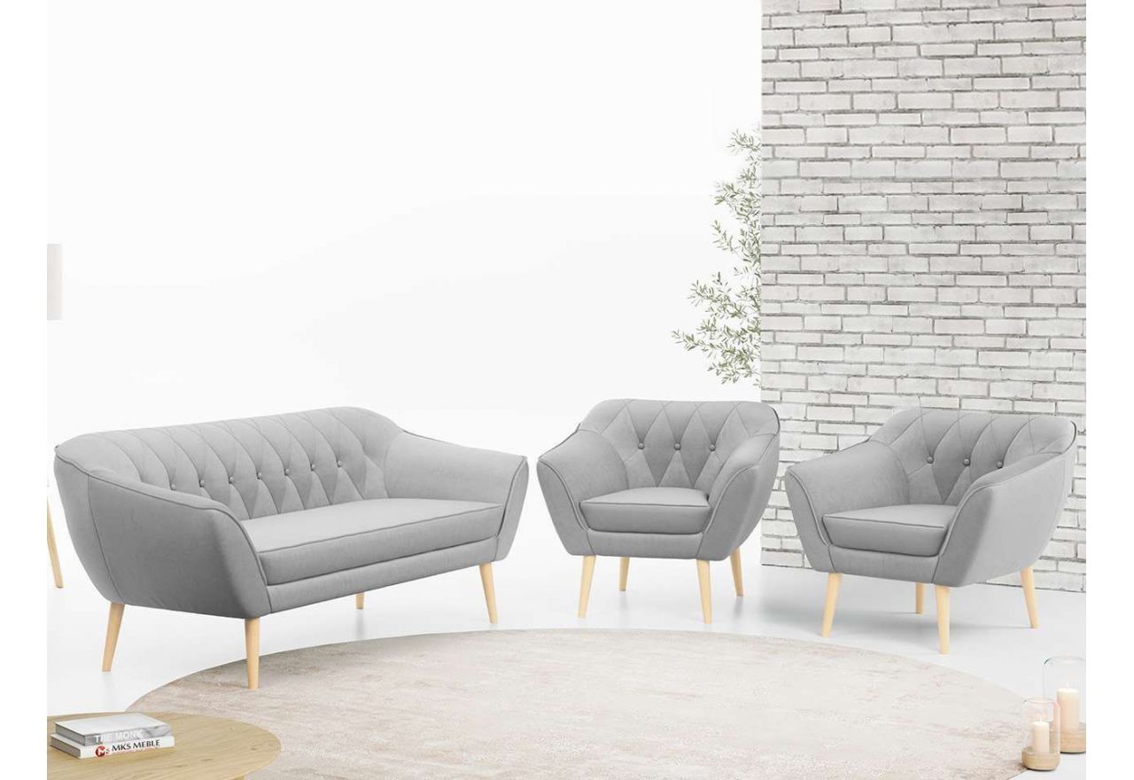 Beżowy zestaw wypoczynkowy złożony z dwóch foteli i sofy PIRS 3+1+1 welurowy, ze sprężynowymi siedziskami