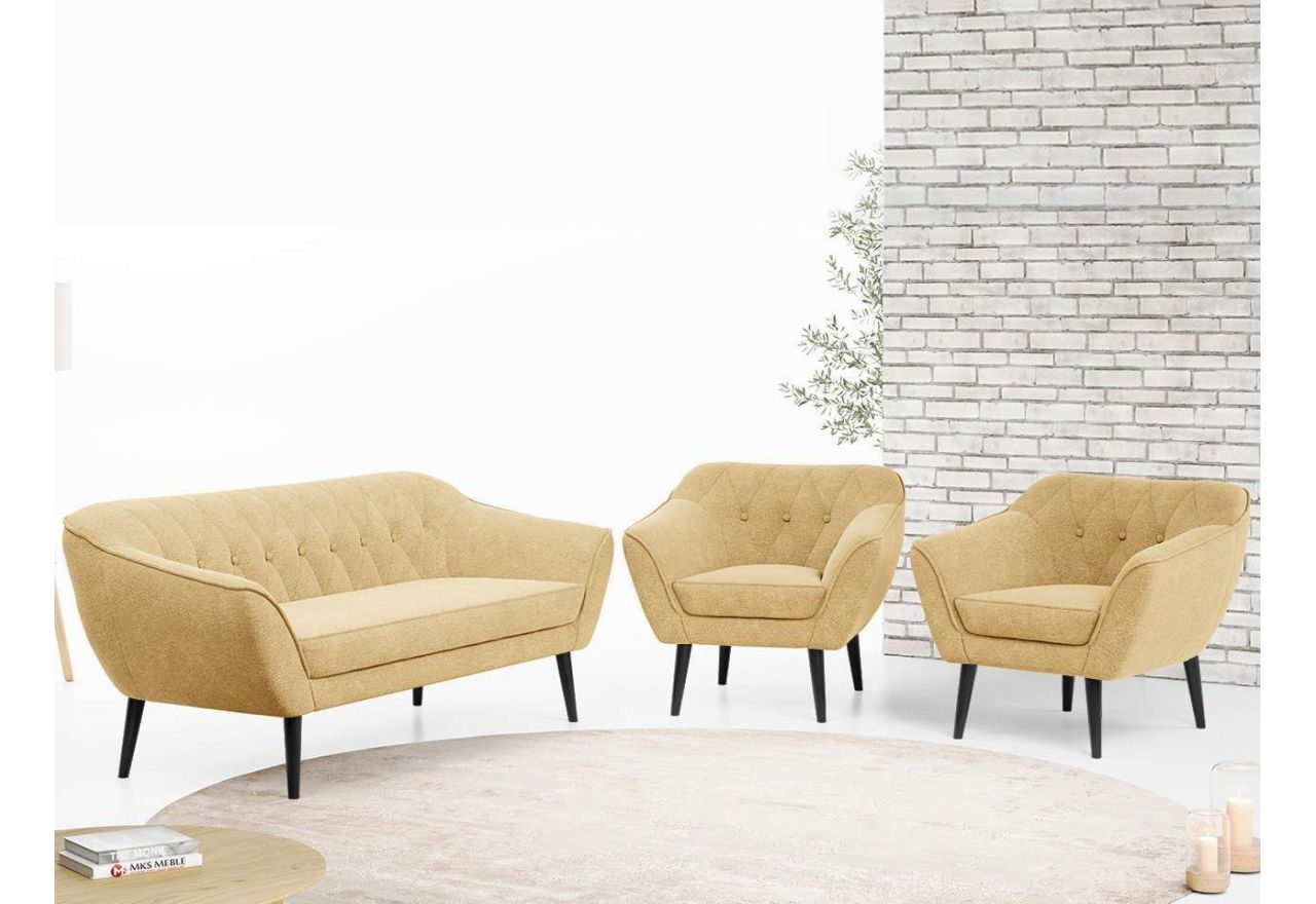 Beżowy zestaw wypoczynkowy złożony z dwóch foteli i sofy PIRS 3+1+1 welurowy, ze sprężynowymi siedziskami