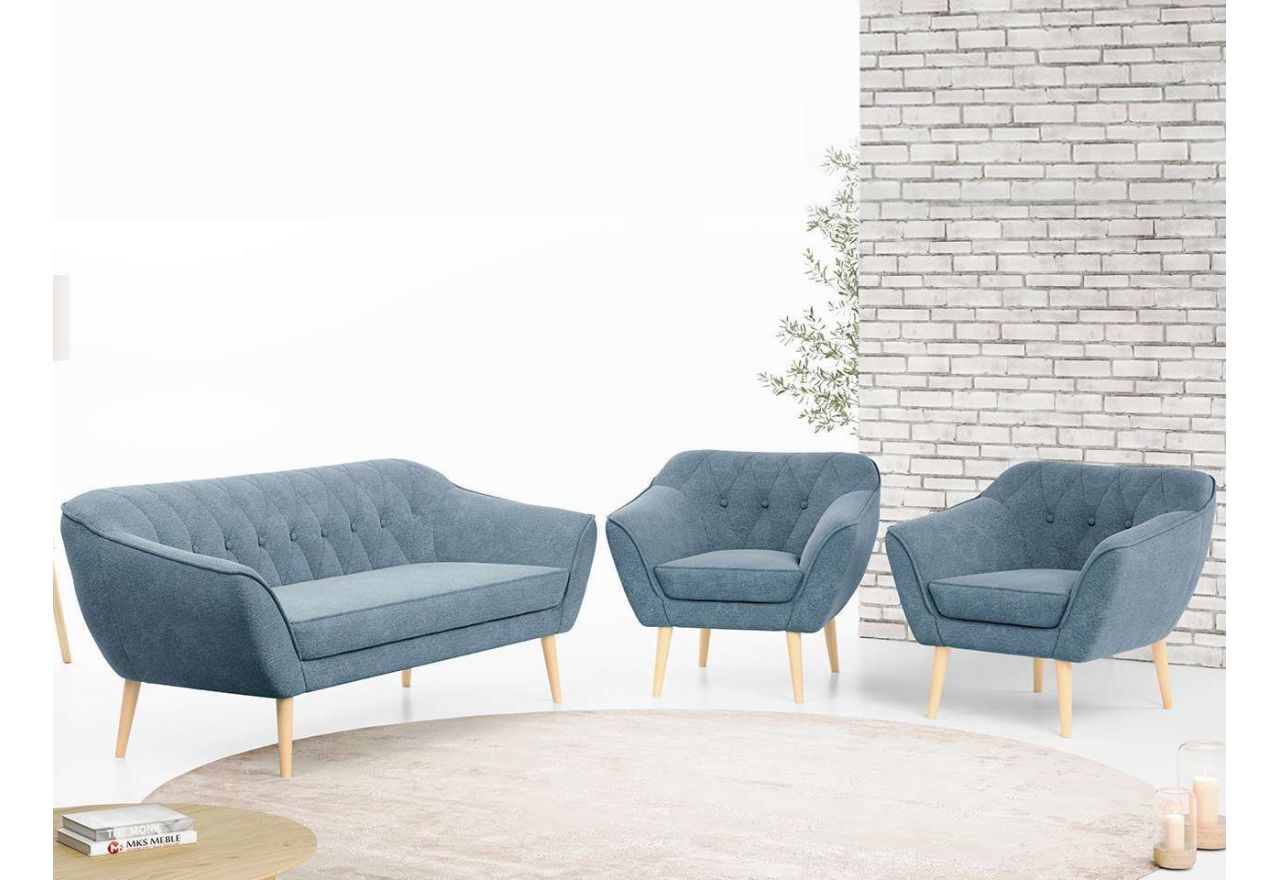 Beżowy zestaw wypoczynkowy złożony z dwóch foteli i sofy PIRS 3+1+1 welurowy, ze sprężynowymi siedziskami