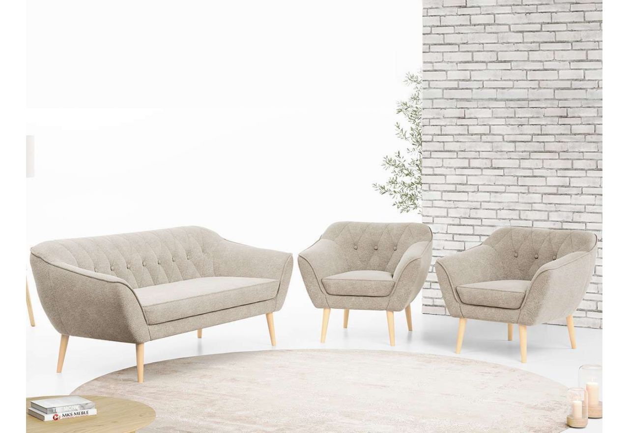 Beżowy zestaw wypoczynkowy złożony z dwóch foteli i sofy PIRS 3+1+1 welurowy, ze sprężynowymi siedziskami