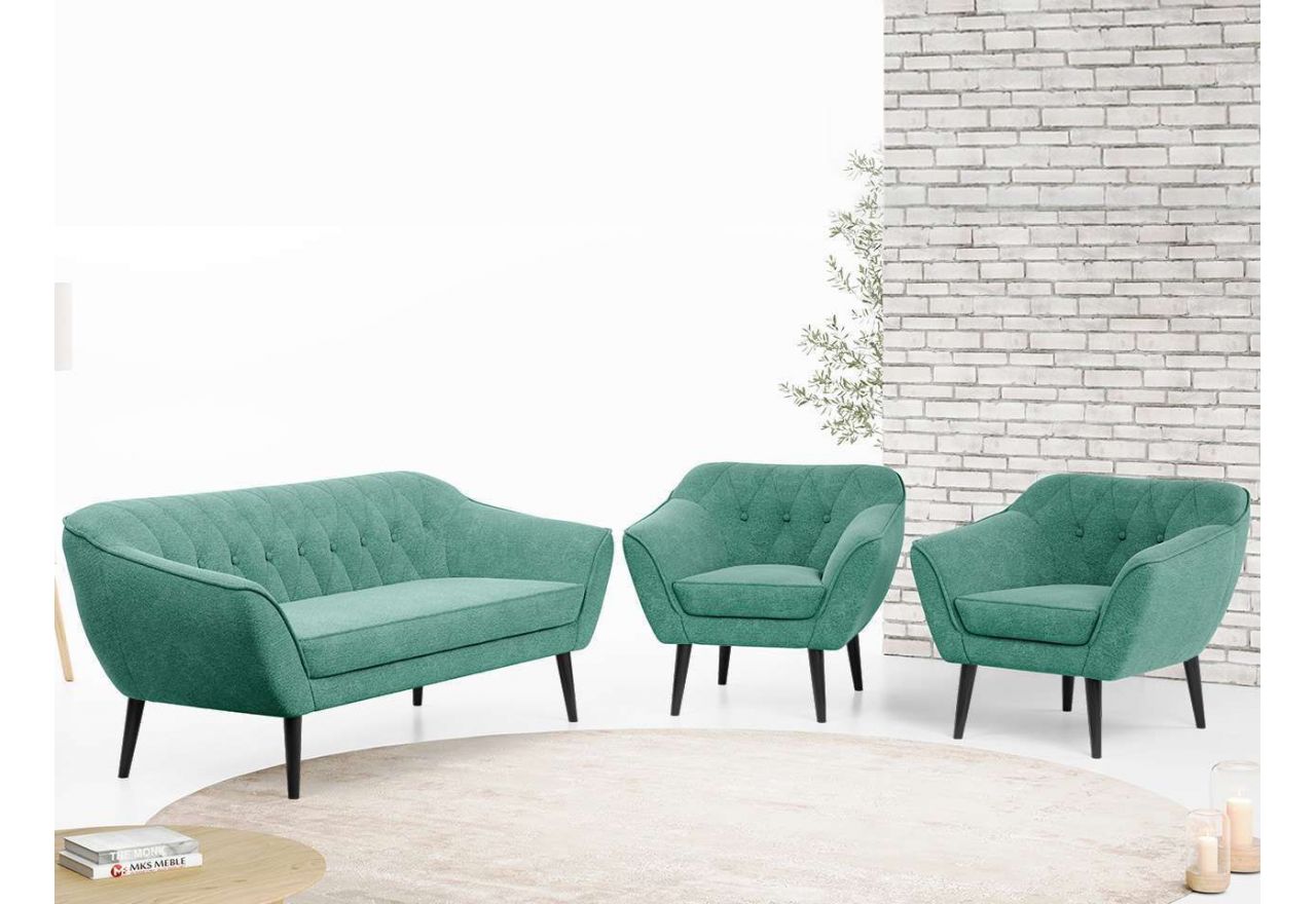 Beżowy zestaw wypoczynkowy złożony z dwóch foteli i sofy PIRS 3+1+1 welurowy, ze sprężynowymi siedziskami