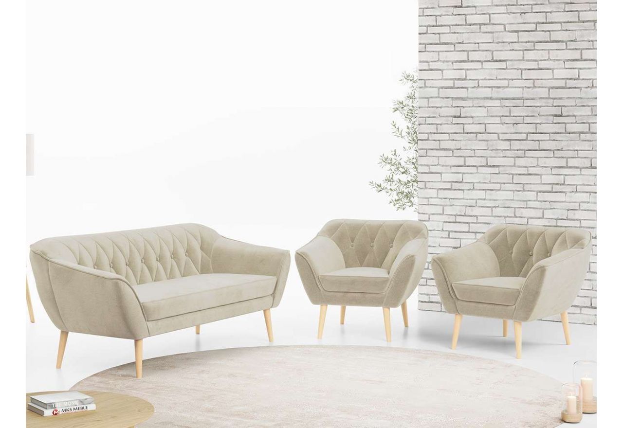 Beżowy zestaw wypoczynkowy złożony z dwóch foteli i sofy PIRS 3+1+1 welurowy, ze sprężynowymi siedziskami