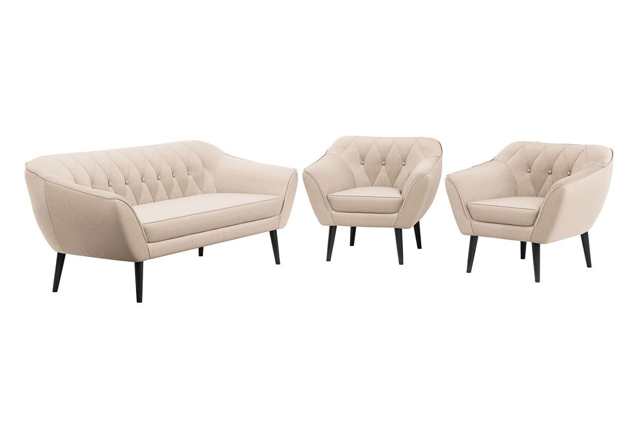 Beżowy zestaw wypoczynkowy złożony z dwóch foteli i sofy PIRS 3+1+1 welurowy, ze sprężynowymi siedziskami