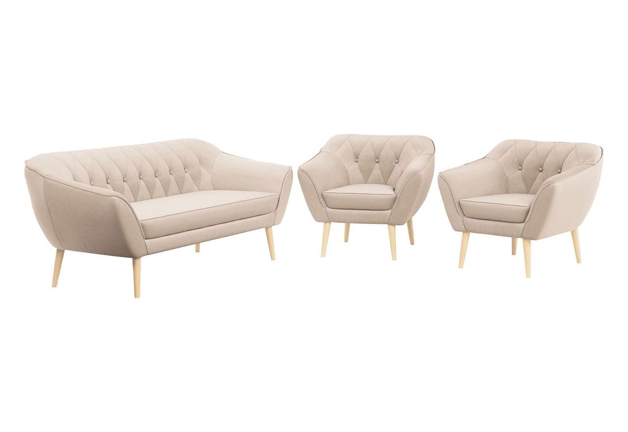 Beżowy zestaw wypoczynkowy złożony z dwóch foteli i sofy PIRS 3+1+1 welurowy, ze sprężynowymi siedziskami