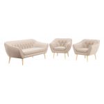 Beżowy zestaw wypoczynkowy złożony z dwóch foteli i sofy PIRS 3+1+1 welurowy, ze sprężynowymi siedziskami