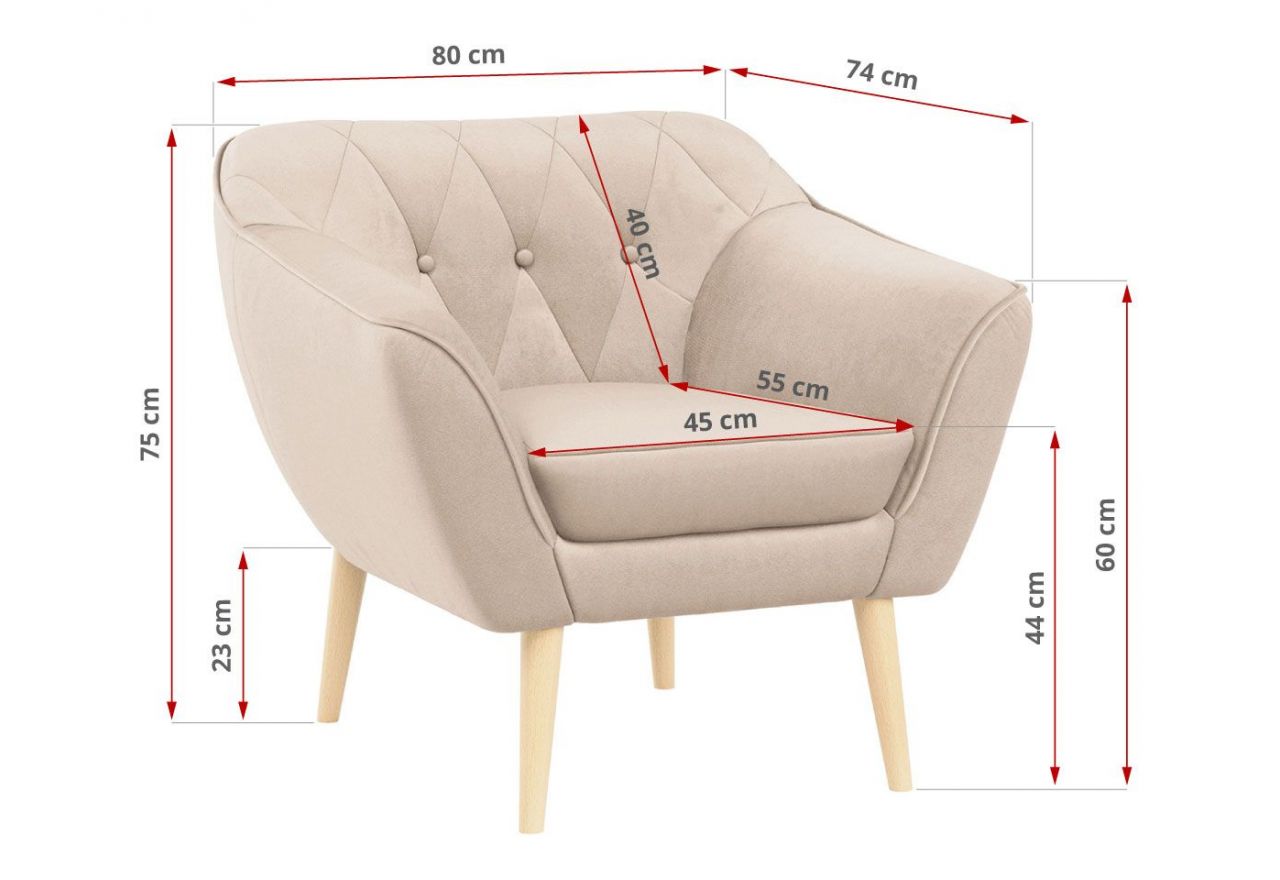 Beżowy zestaw wypoczynkowy złożony z dwóch foteli i sofy PIRS 3+1+1 welurowy, ze sprężynowymi siedziskami