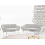 Komplet wypoczynkowy z dwu i trzyosobową sofą tapicerowaną jasnobeżowym welurem PIRS 3+2 na wysokich nóżkach z drewna