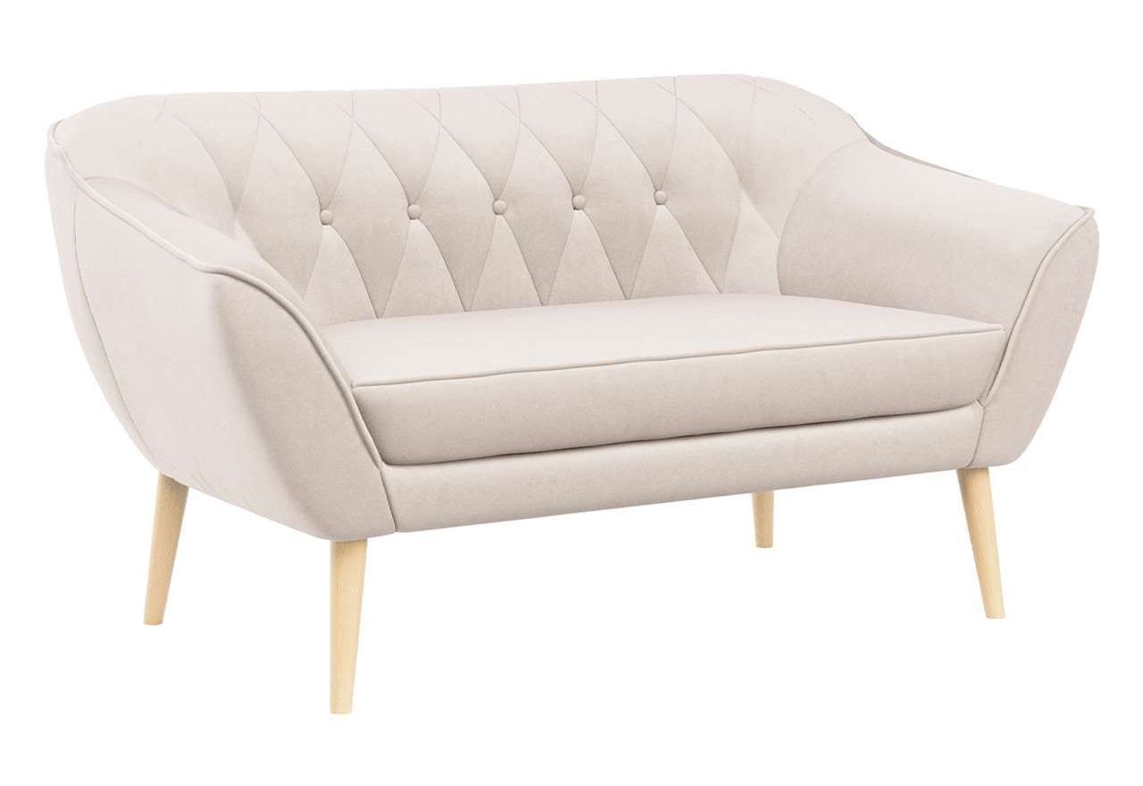 Komplet wypoczynkowy z dwu i trzyosobową sofą tapicerowaną jasnobeżowym welurem PIRS 3+2 na wysokich nóżkach z drewna