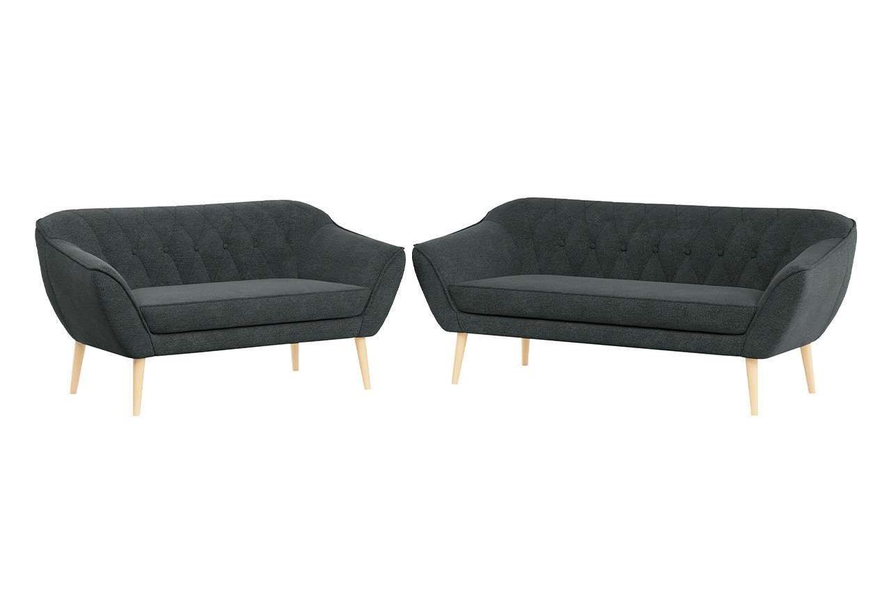 Dwuelementowy skandynawski zestaw wypoczynkowy ciemnoszary ze sprężynowymi sofami PIRS 3+2, plecionkowy