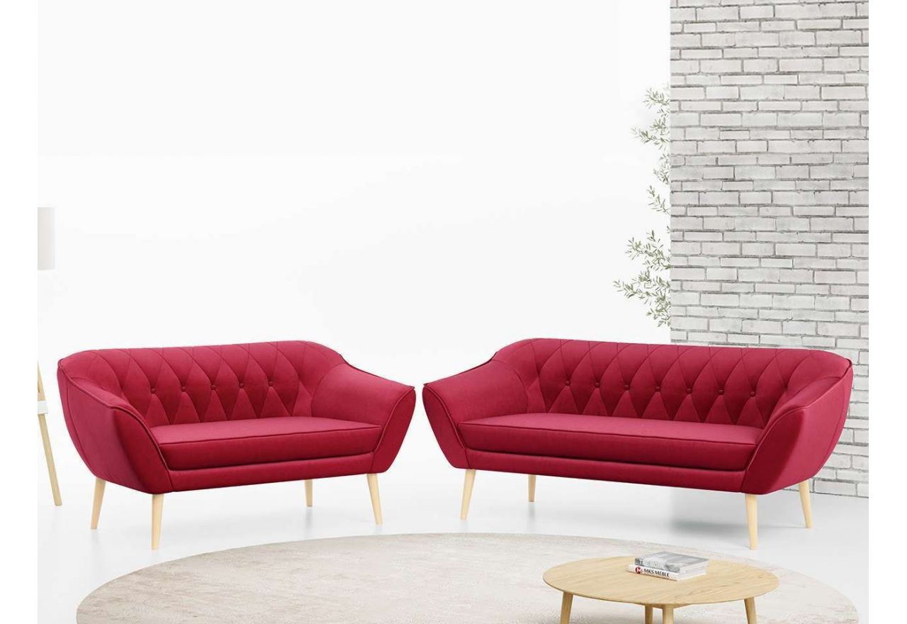 Skandynawski zestaw mebli wypoczynkowych do salonu PIRS 3+2 z dwoma sofami w welurowej beżowej tapicerce