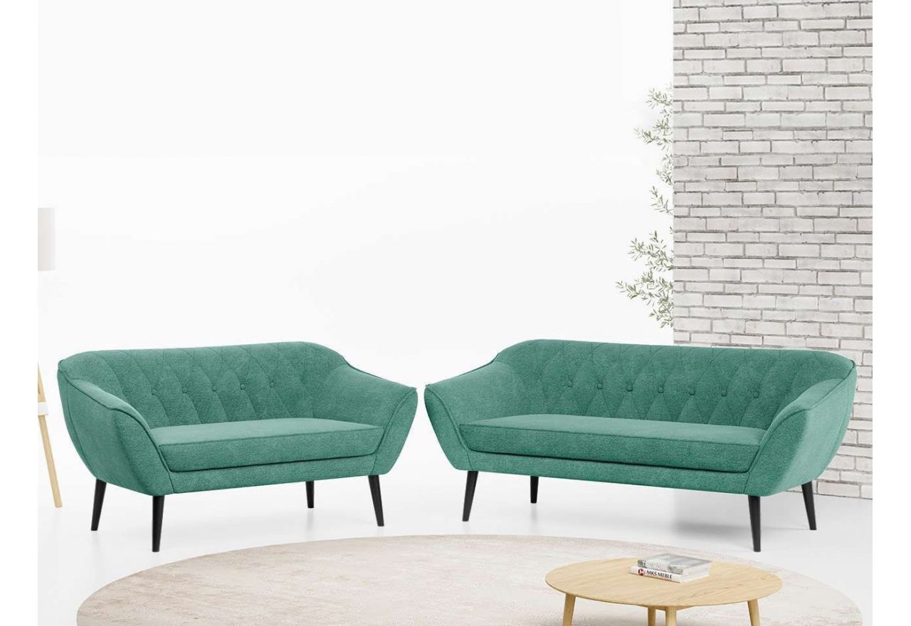 Skandynawski zestaw mebli wypoczynkowych do salonu PIRS 3+2 z dwoma sofami w welurowej beżowej tapicerce