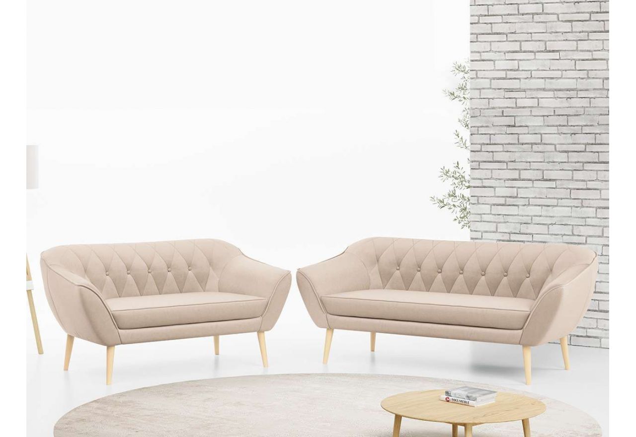 Skandynawski zestaw mebli wypoczynkowych do salonu PIRS 3+2 z dwoma sofami w welurowej beżowej tapicerce