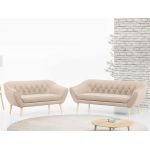 Skandynawski zestaw mebli wypoczynkowych do salonu PIRS 3+2 z dwoma sofami w welurowej beżowej tapicerce