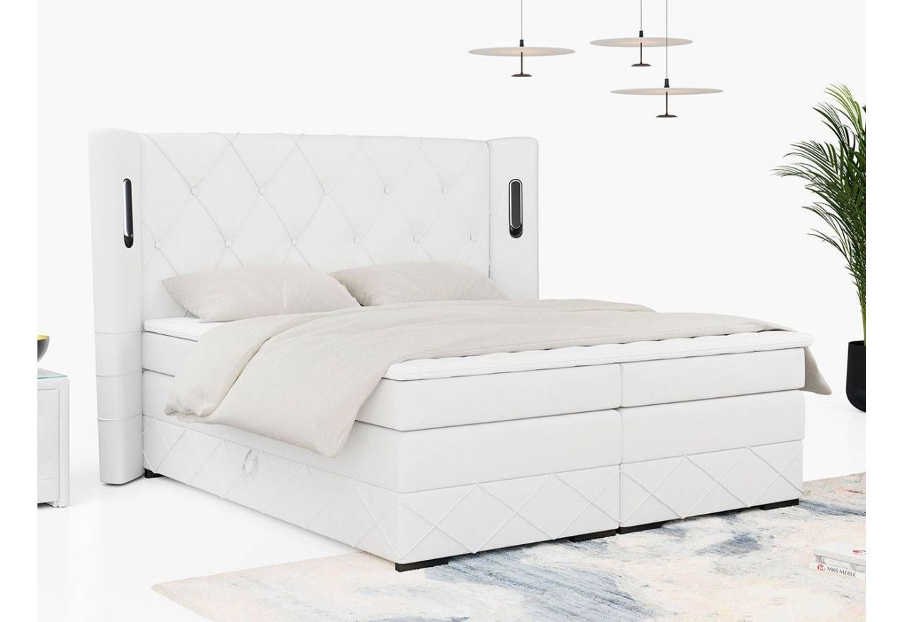 Łóżko do sypialni kontynentalne 2 osobowe 120x200 FORLETA LUX z ozdobnymi przeszyciami, w białej ecoskórze
