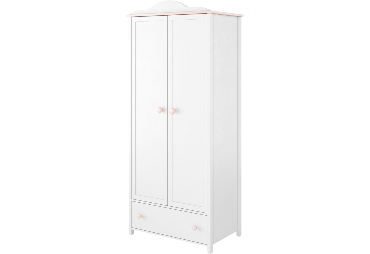 Młodzieżowa, tradycyjna szafa dwudrzwiowa z pojemnym wnętrzem i szufladą NABLO 80 cm biel alpejska/róż